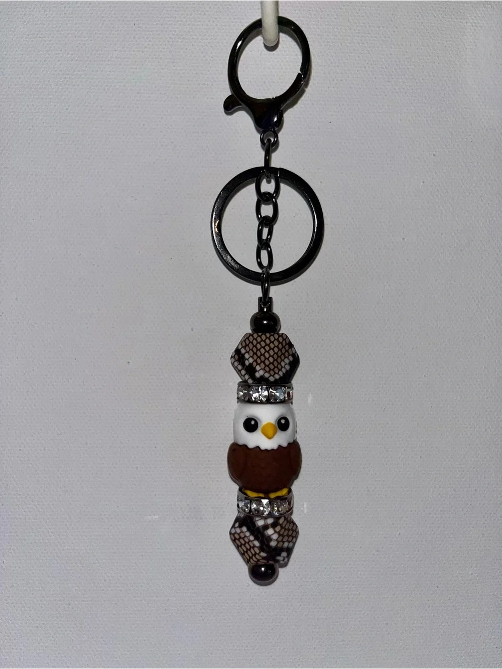 Cute American Eagle Keychain w/Brown/White/Black Camouflage & Rhinestone-Accents